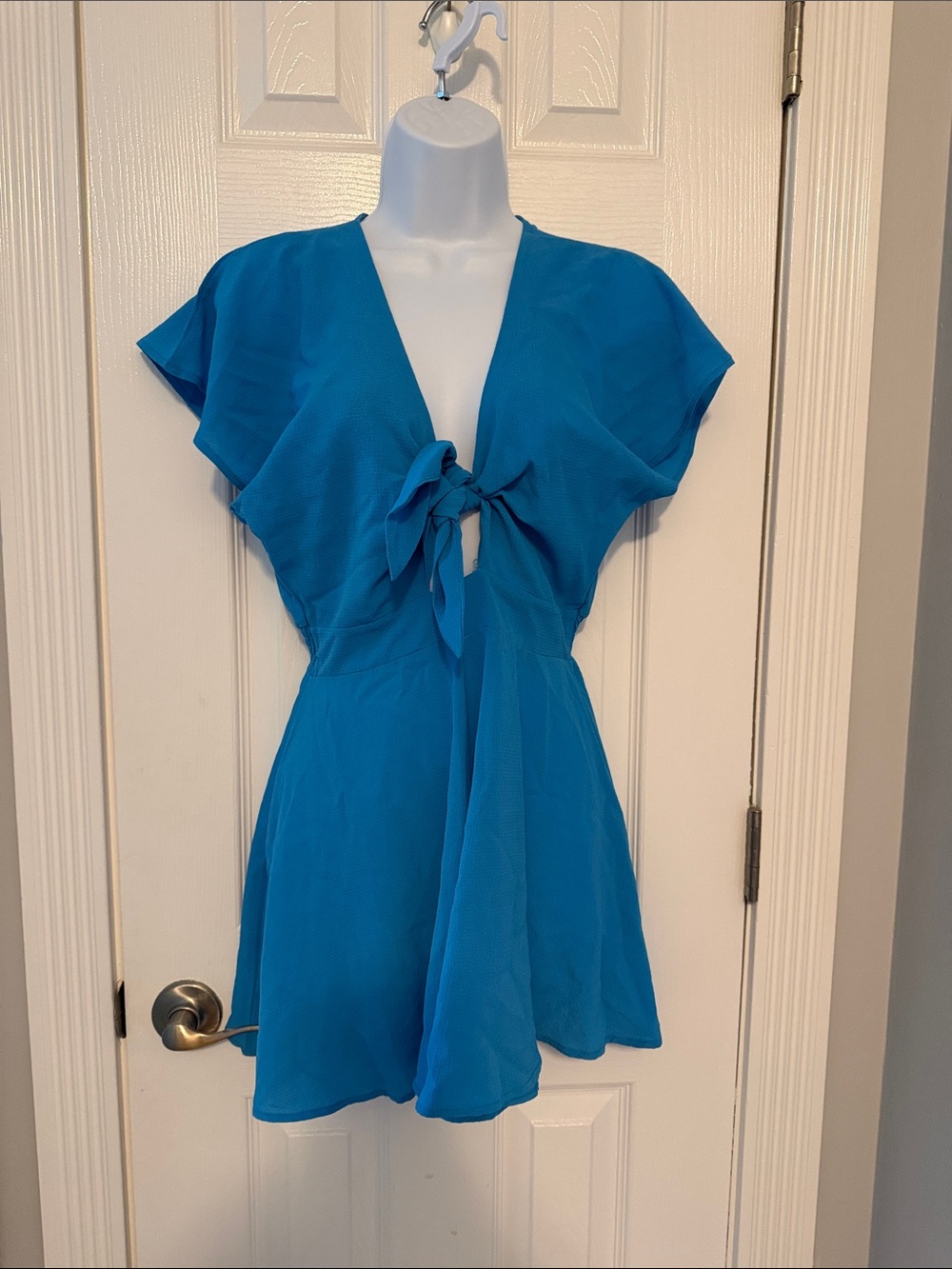 Blue Tie-Front Short Romper